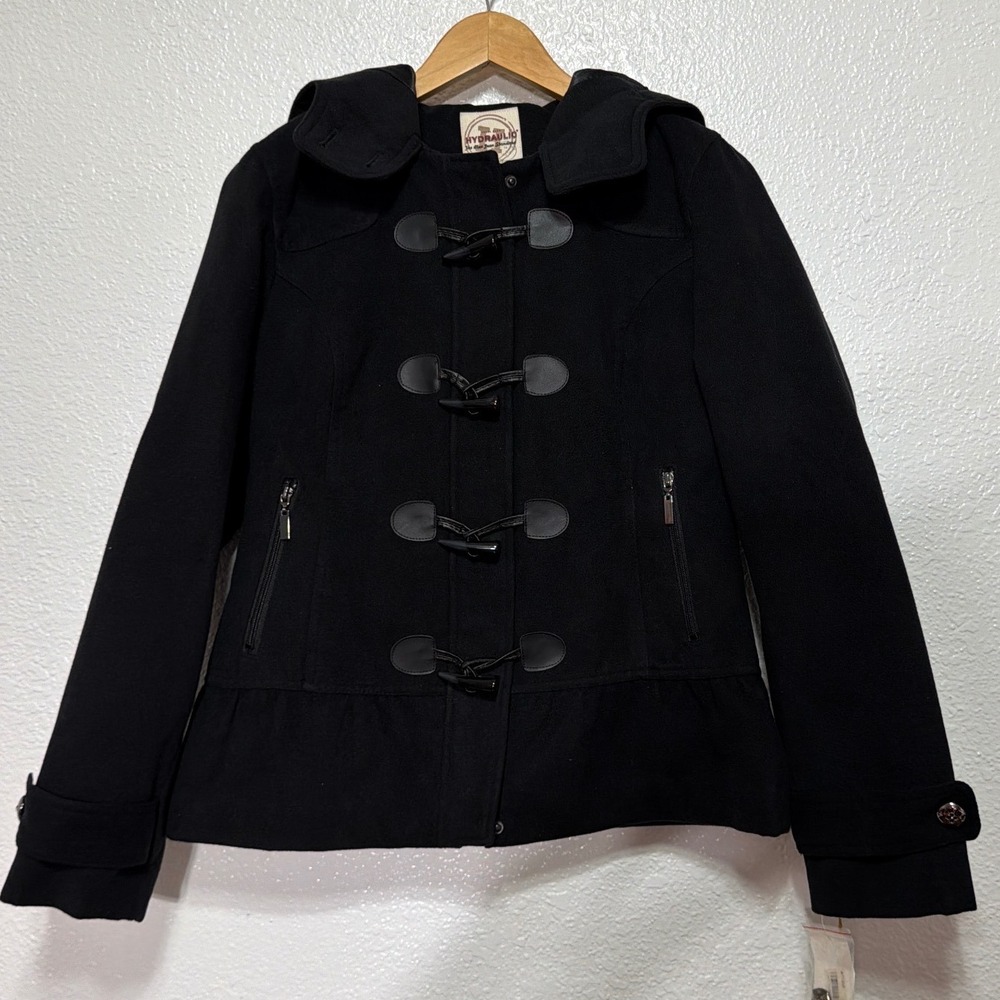 Y2K Hydraulic Womens Black Hooded Toggle Duffle Coat Peplum Hem Size L NWT
